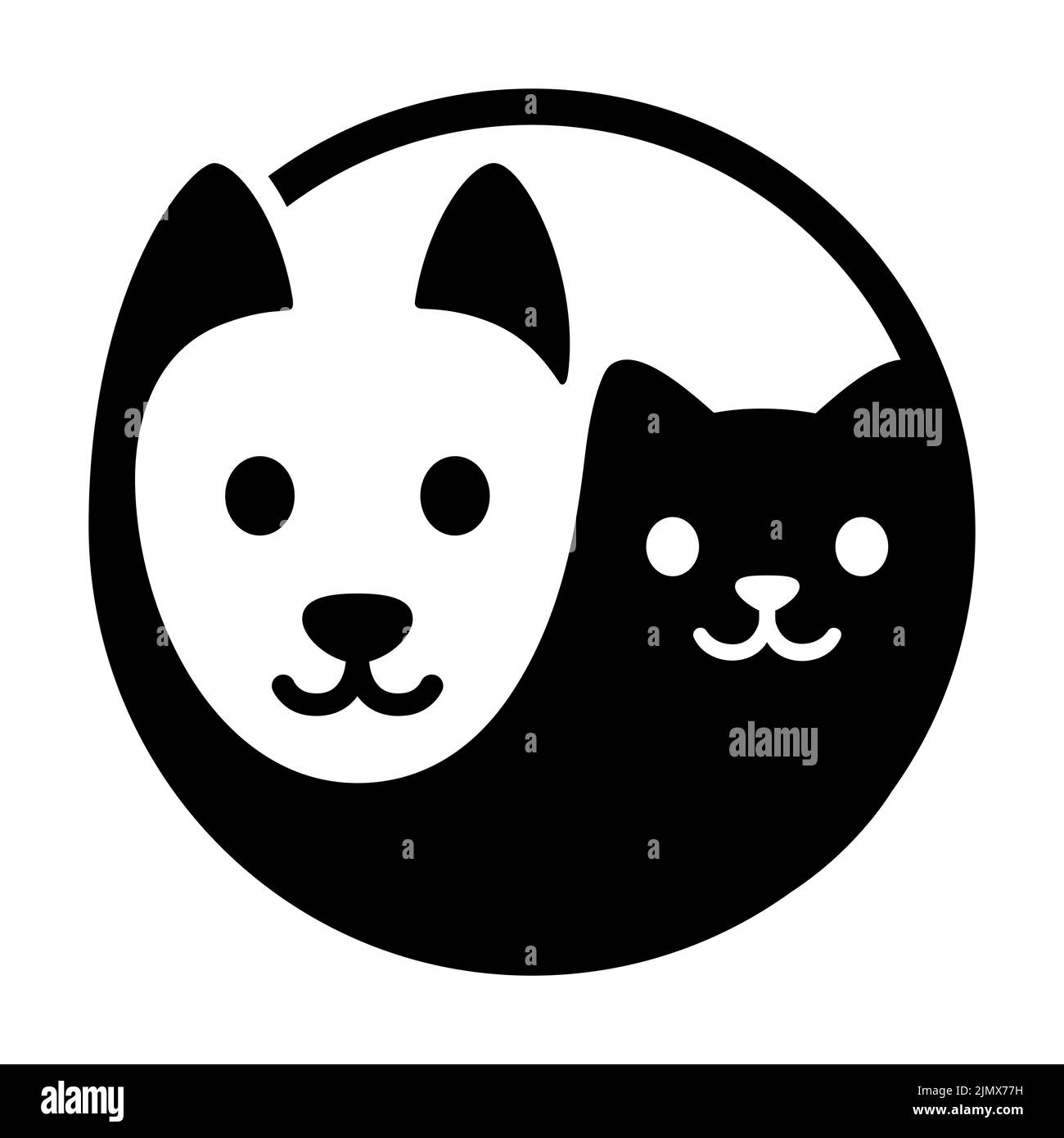 Cat and dog yin yang symbol. Simple and cute cartoon white dog and black cat face. Isolated vector illustration. Stock Vector