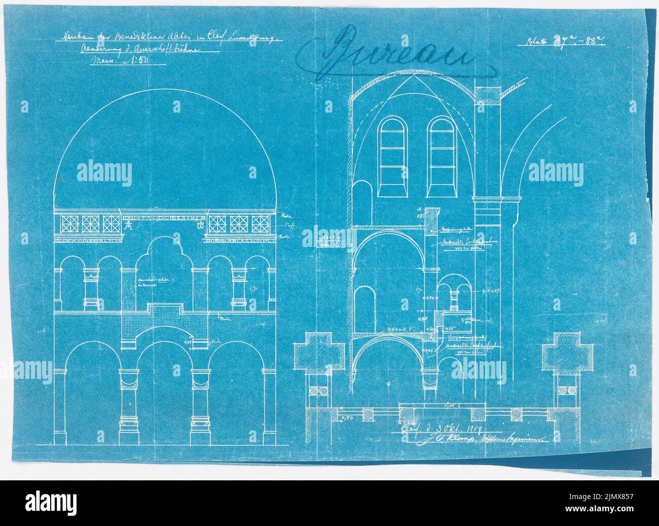 Klomp Johannes Franziskus (1865-1946), Benedectine Abbey St. Mauritius, Clerf (Cllervaux), Luxembourg (03.10.1909): Change of cross-nave stage, floor plan, view and cut 1:50. Blueprint on paper, 38.3 x 52.5 cm (including scan edges) Klomp Johannes Franziskus  (1865-1946): Benedektinerabtei St. Mauritius, Clerf (Clervaux) Stock Photo
