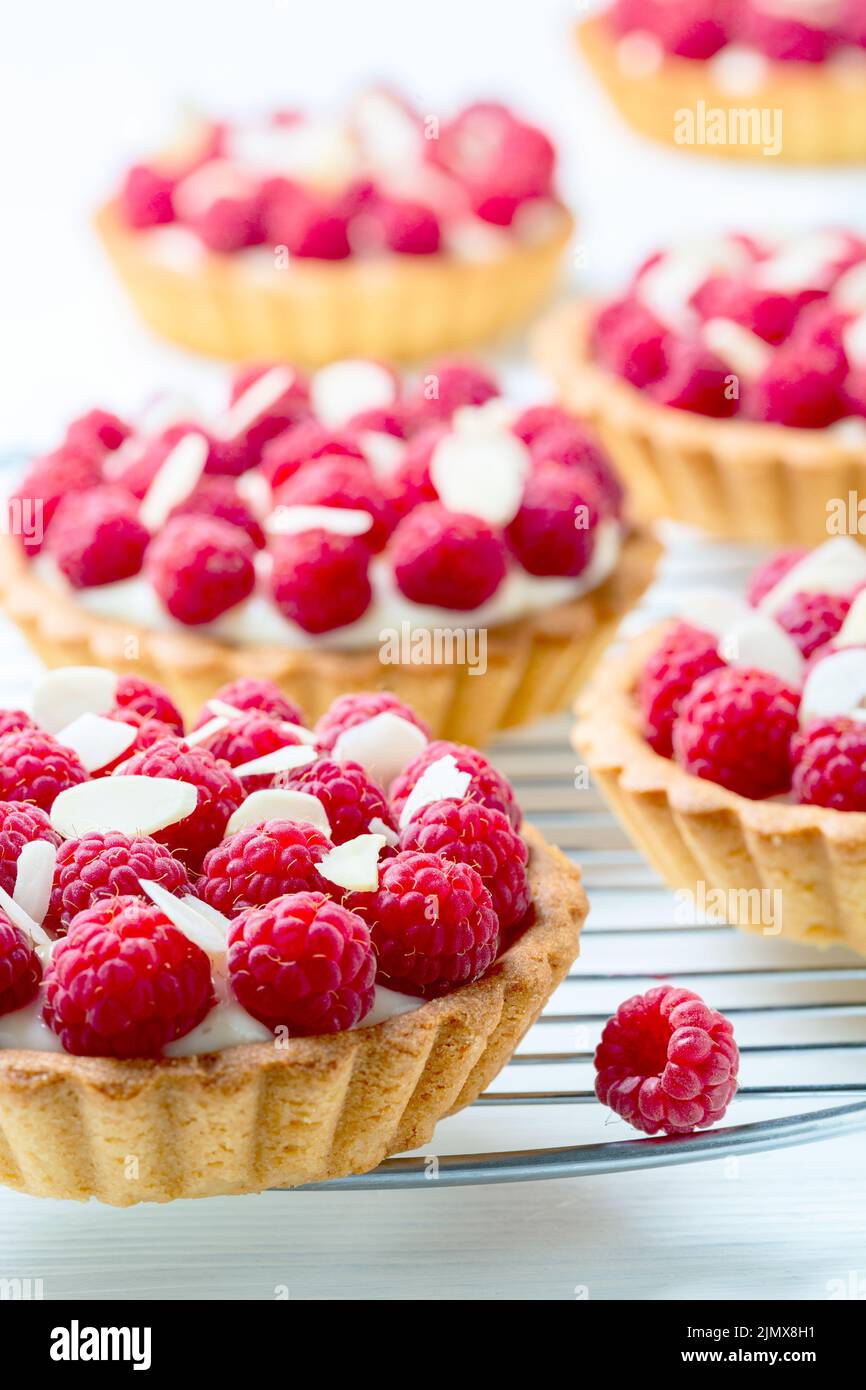Mini tartlets with custard and raspberries. Stock Photo