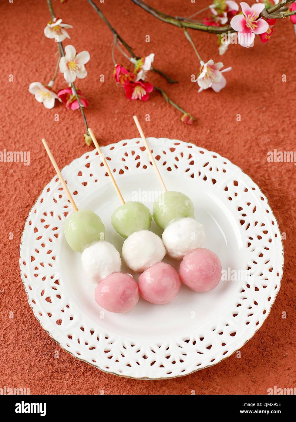 Sanshoku Dango, Japanese Three Colored Mochi Dumplings Skewer. Top View