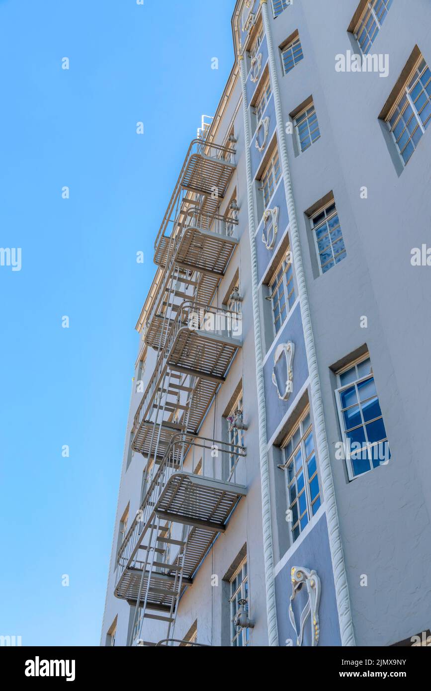 Low angle view of a multistorey apartment with ornamental wall display