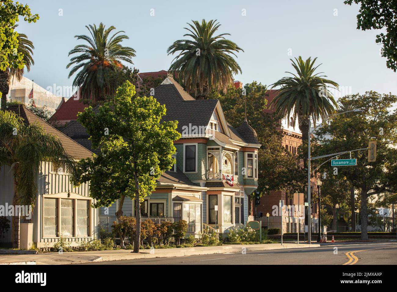 Sunset view of historic downtown Santa Ana, California, USA. Stock Photo