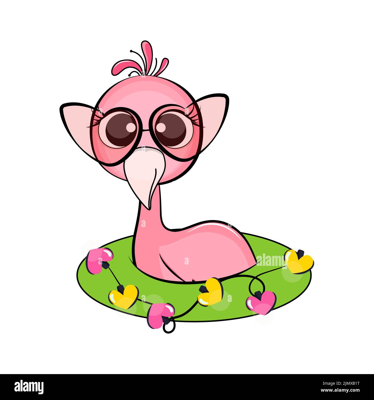 Cute pink flamingo with christmas garland. Vector stock illustration