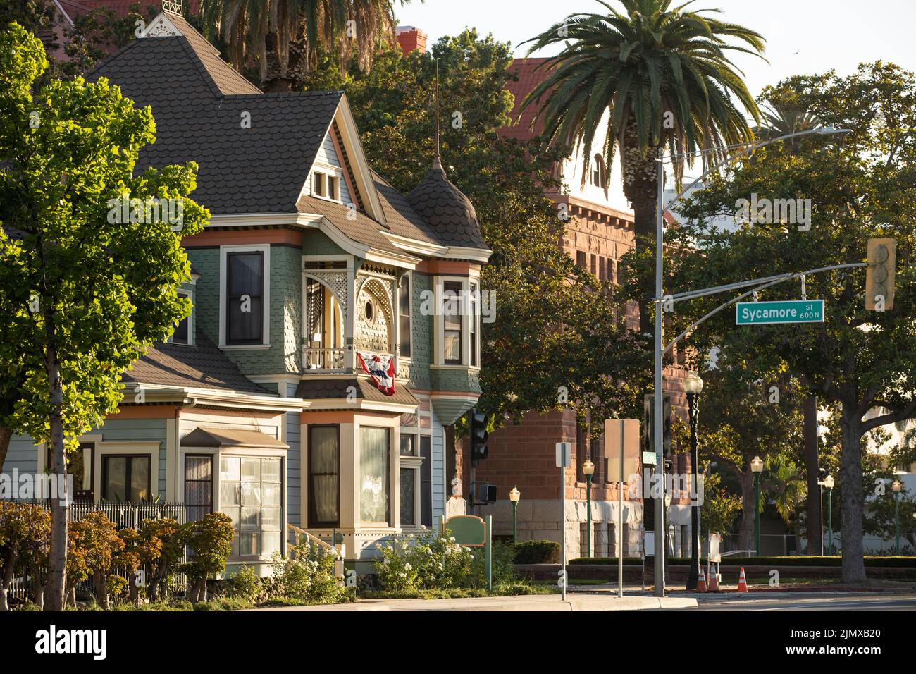 Sunset view of historic downtown santa ana california usa stock photo