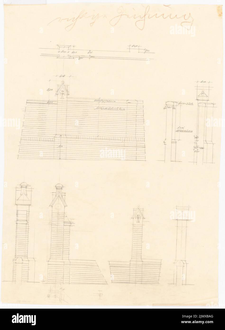 Klomp Johannes Franziskus (1865-1946), St. Francis (and expansion of Franciscan monastery), Dortmund (1900-1903): Details of the fencing of the church and monastery (masonry and pillar), views, cuts and floor plan (1:20). Pencil on transparent, 62.3 x 45.6 cm (including scan edges) Klomp Johannes Franziskus  (1865-1946): St. Franziskus (und Erweiterung Franziskanerkloster), Dortmund Stock Photo