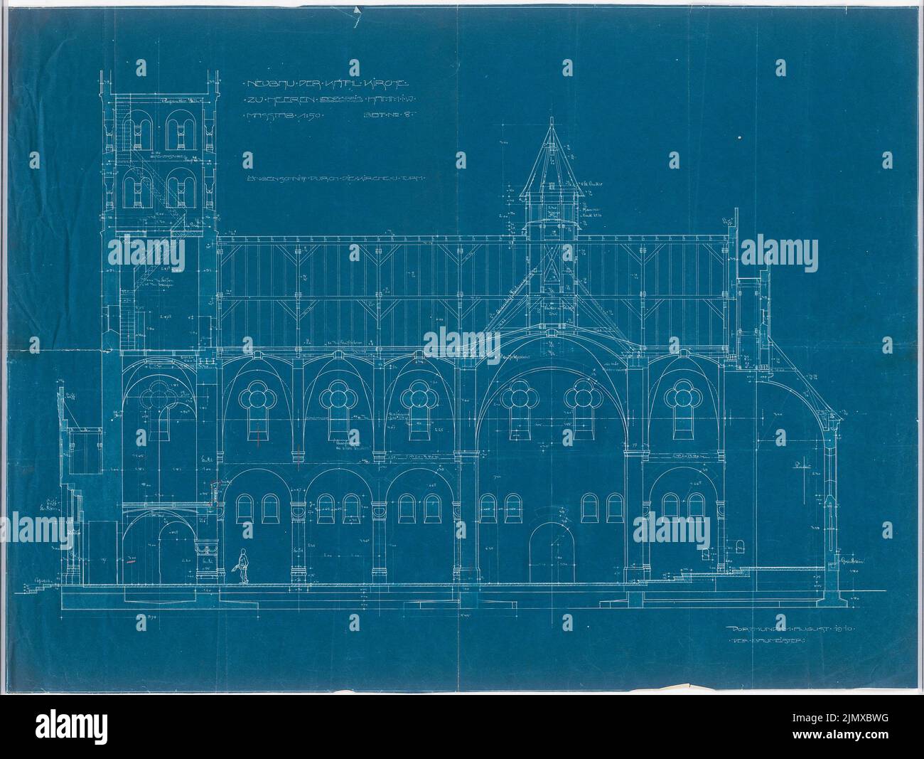 Klomp Johannes Franziskus (1865-1946), Herz Jesus Church (with vicarie), Heeren-Werve (08.1910): Longitudinal section of the church 1:50. Colored pencil over blueprint on paper, 67.7 x 90.1 cm (including scan edges) Klomp Johannes Franziskus  (1865-1946): Herz-Jesu-Kirche (mit Vikarie), Heeren-Werve Stock Photo