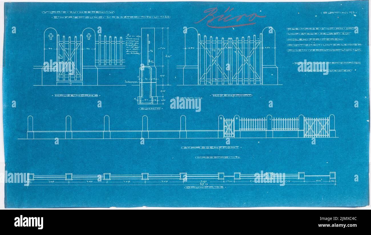 Klomp Johannes Franziskus (1865-1946), Herz Jesu Church (with vicarie), Heeren-Werve (04.05.1909): Details 1:20, view and floor plan 1:50 of the fencing of the rectory. Blueprint on paper, 40.4 x 71.5 cm (including scan edges) Klomp Johannes Franziskus  (1865-1946): Herz-Jesu-Kirche (mit Vikarie), Heeren-Werve Stock Photo