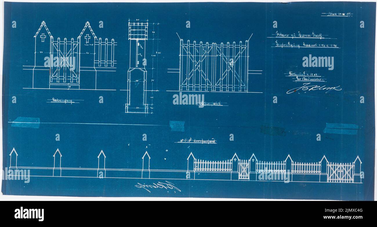 Klomp Johannes Franziskus (1865-1946), Heart of Jesus Church (with vicarie), Heeren-Werve (04.12.1908): View 1:50 and cut 1:20 of the house entrance and the fencing of the rectory. Blueprint on paper, 33.2 x 62.1 cm (including scan edges) Klomp Johannes Franziskus  (1865-1946): Herz-Jesu-Kirche (mit Vikarie), Heeren-Werve Stock Photo