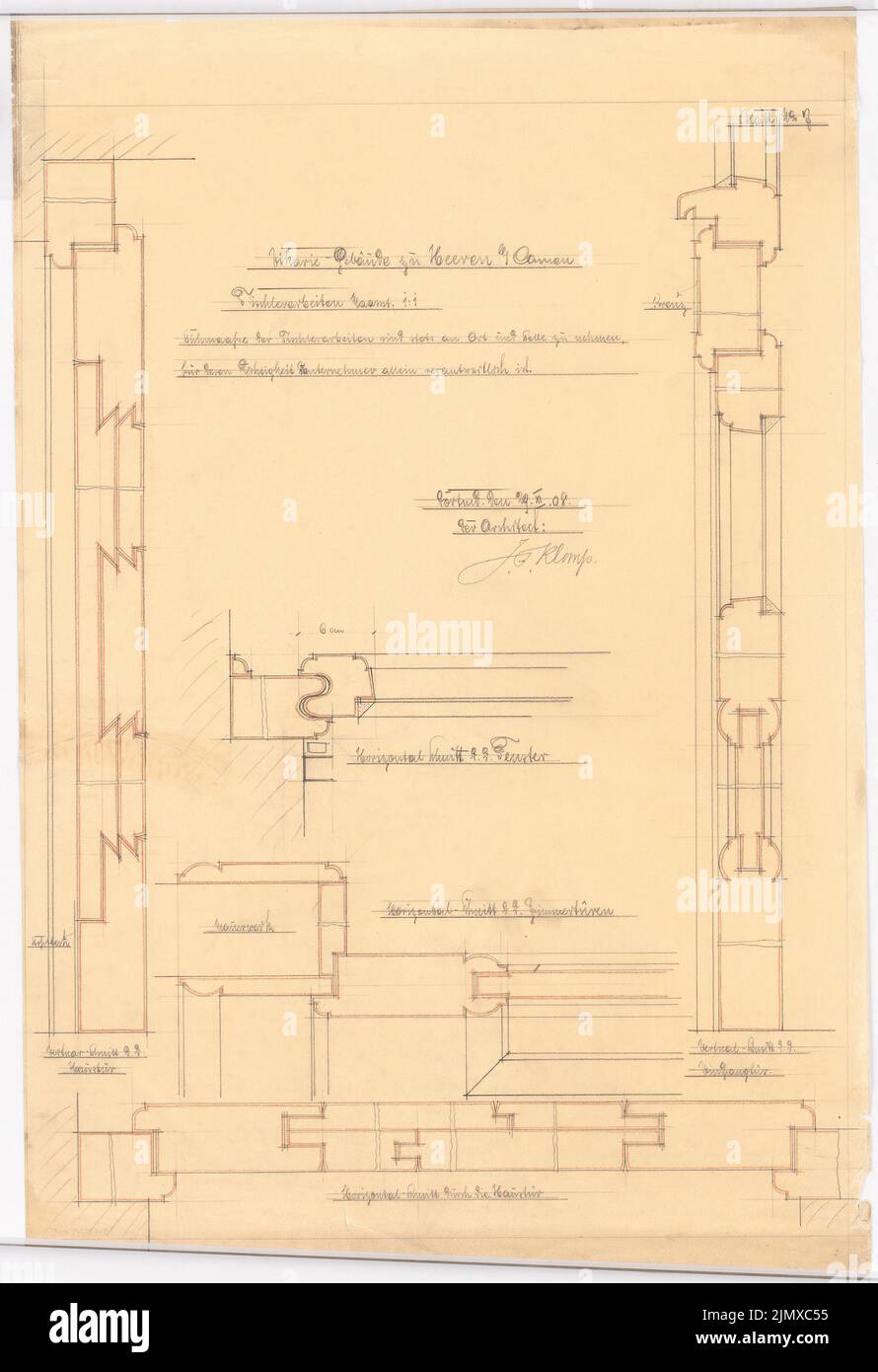Klomp Johannes Franziskus (1865-1946), Herz Jesus Church (with vicarie), Heeren-Werve (November 29, 1908): Typetric work doors and windows, cuts 1: 1. Pencil, colored pencil on transparent, 90.4 x 62 cm (including scan edges) Klomp Johannes Franziskus  (1865-1946): Herz-Jesu-Kirche (mit Vikarie), Heeren-Werve Stock Photo