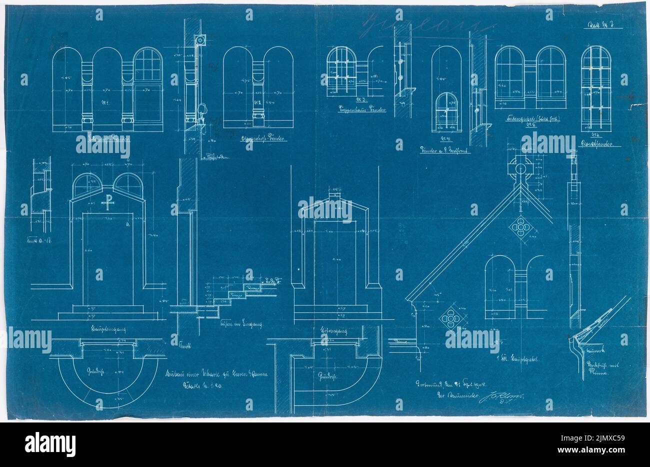 Klomp Johannes Franziskus (1865-1946), Herz Jesu Church (with vicarie), Heeren-Werve (21.09.1908): main entrance and window of the rectory, views, floor plans and details 1:20. Blueprint on paper, 50 x 76.9 cm (including scan edges) Klomp Johannes Franziskus  (1865-1946): Herz-Jesu-Kirche (mit Vikarie), Heeren-Werve Stock Photo