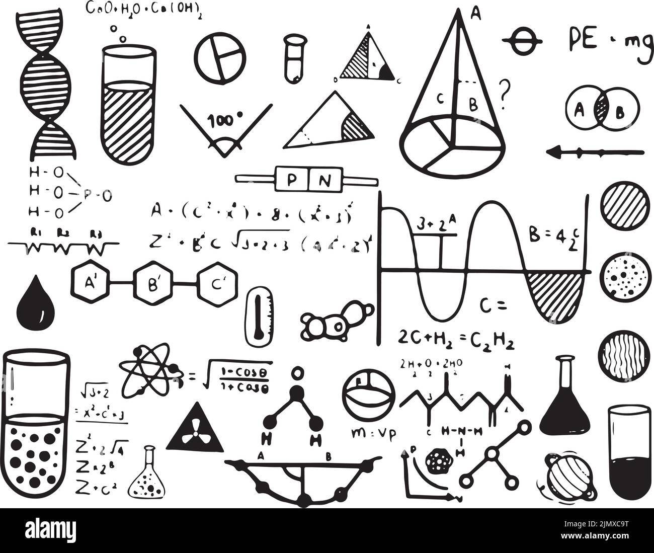 written geometric equations chemical formula and physics formulas vector on white Stock Vector