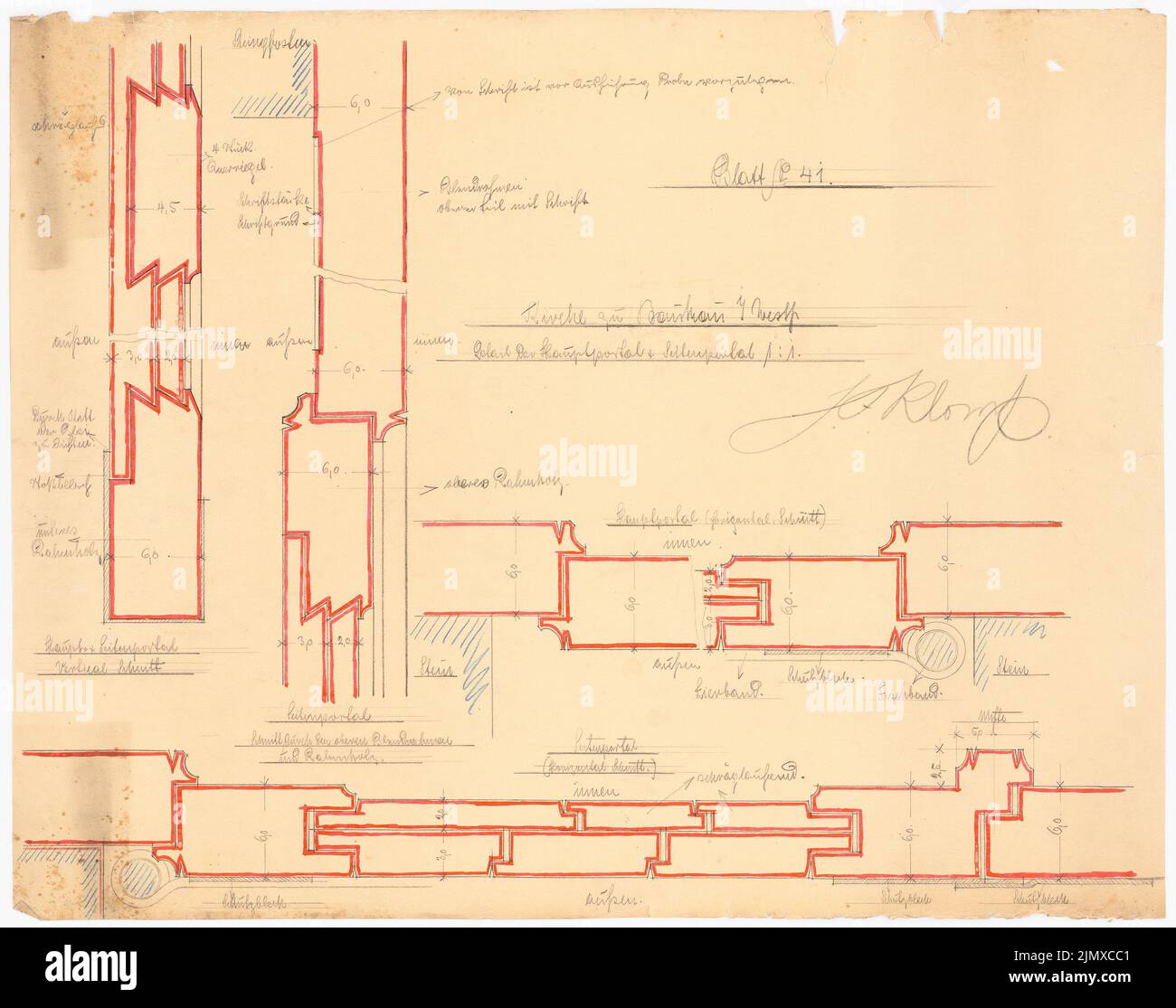 Klomp Johannes Franziskus (1865-1946), St. Marien (expansion and new construction of Kaplanei and sister house), Herne-Baukau (1907-1909): Details on the main portal of the church 1: 1. Pencil, colored pencil watercolored on transparent, 60.3 x 76.4 cm (including scan edges) Klomp Johannes Franziskus  (1865-1946): St. Marien, Herne-Baukau. Erweiterung und Neubau von Kaplanei und Schwesternhaus Stock Photo