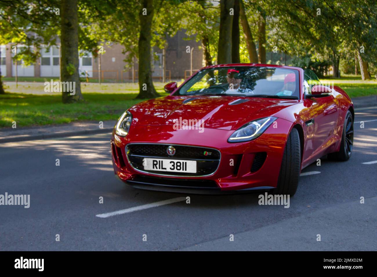 2015 Red JAGUAR F-TYPE V6 S 2995 cc petrol 8-speed automatic Cabrio arriving at Lytham Hall classic car show, Lancashire, UK Stock Photo