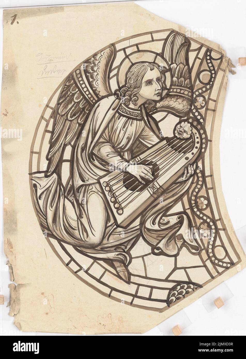 Klomp Johannes Franziskus (1865-1946), grave monuments, altars and church details (0-0): Design for church windows with a loud angel for a church in Dortmund. Ink, pencil on cardboard, 91.1 x 66.7 cm (including scan edges) Klomp Johannes Franziskus  (1865-1946): Grabdenkmäler, Altäre und Kirchendetails Stock Photo