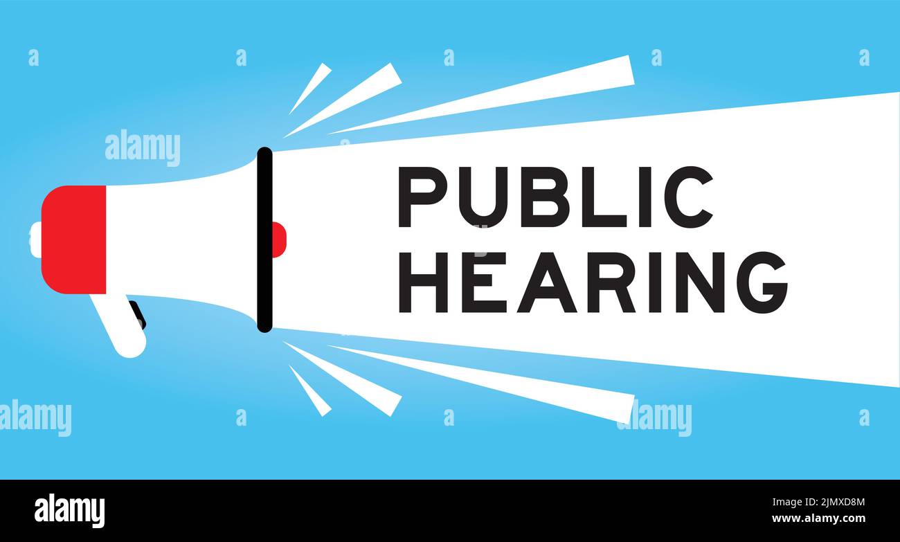 Color megaphone icon with word public hearing in white banner on blue background Stock Vector