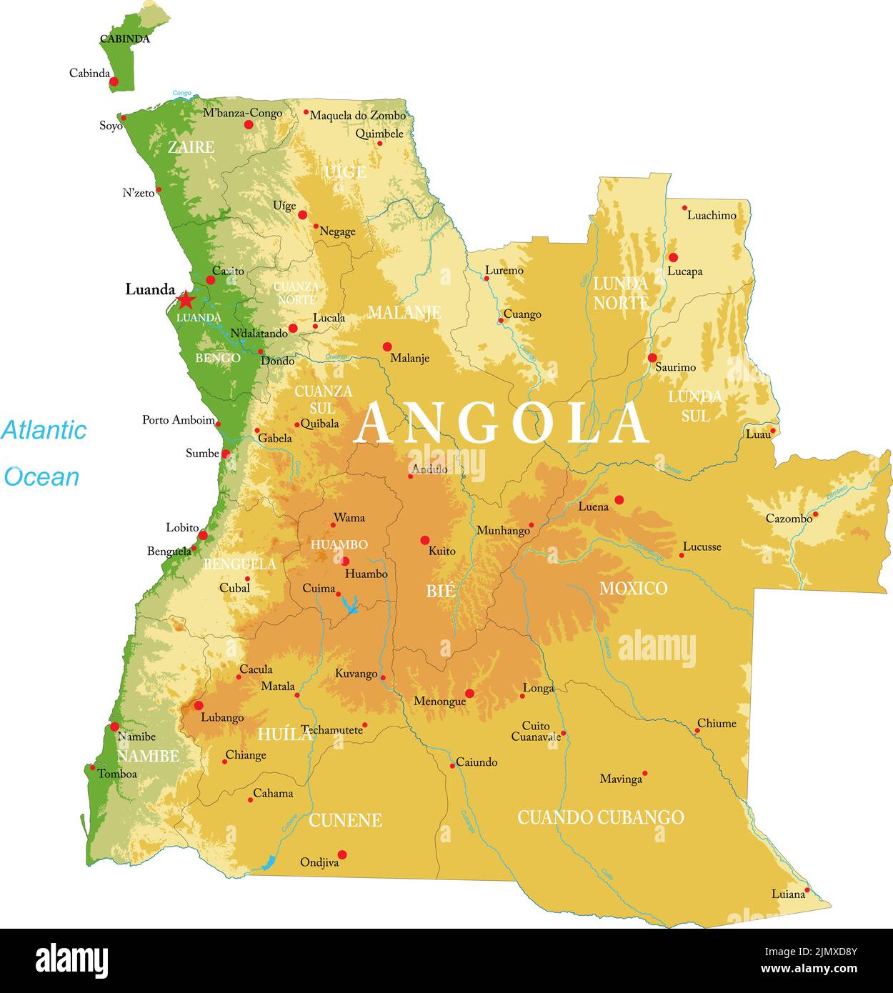 Highly detailed physical map of Angola in vector format,with all the
