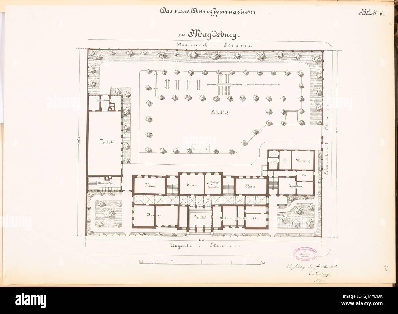 Unknown architect, cathedral high school in Magdeburg (approx. 1886): site plan. Lithograph colored on paper, 48 x 66.6 cm (including scan edges) N.N. : Domgymnasium, Magdeburg Stock Photo