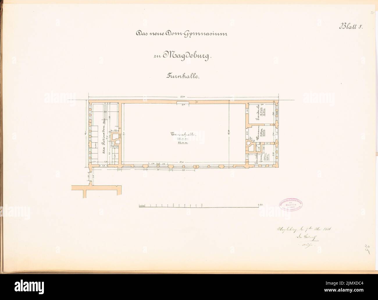 Unknown architect, cathedral high school in Magdeburg (approx. 1886): gym: floor plan. Lithograph colored on paper, 48.1 x 66.4 cm (including scan edges) N.N. : Domgymnasium, Magdeburg Stock Photo