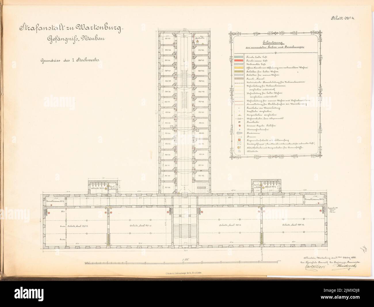 Unknown architect, prison in Wartenburg (approx. 1886/1887): Plan content N.N. detected. Lithograph colored and colored on paper, 49.9 x 66.5 cm (including scan edges) N.N. : Strafanstalt, Wartenburg Stock Photo