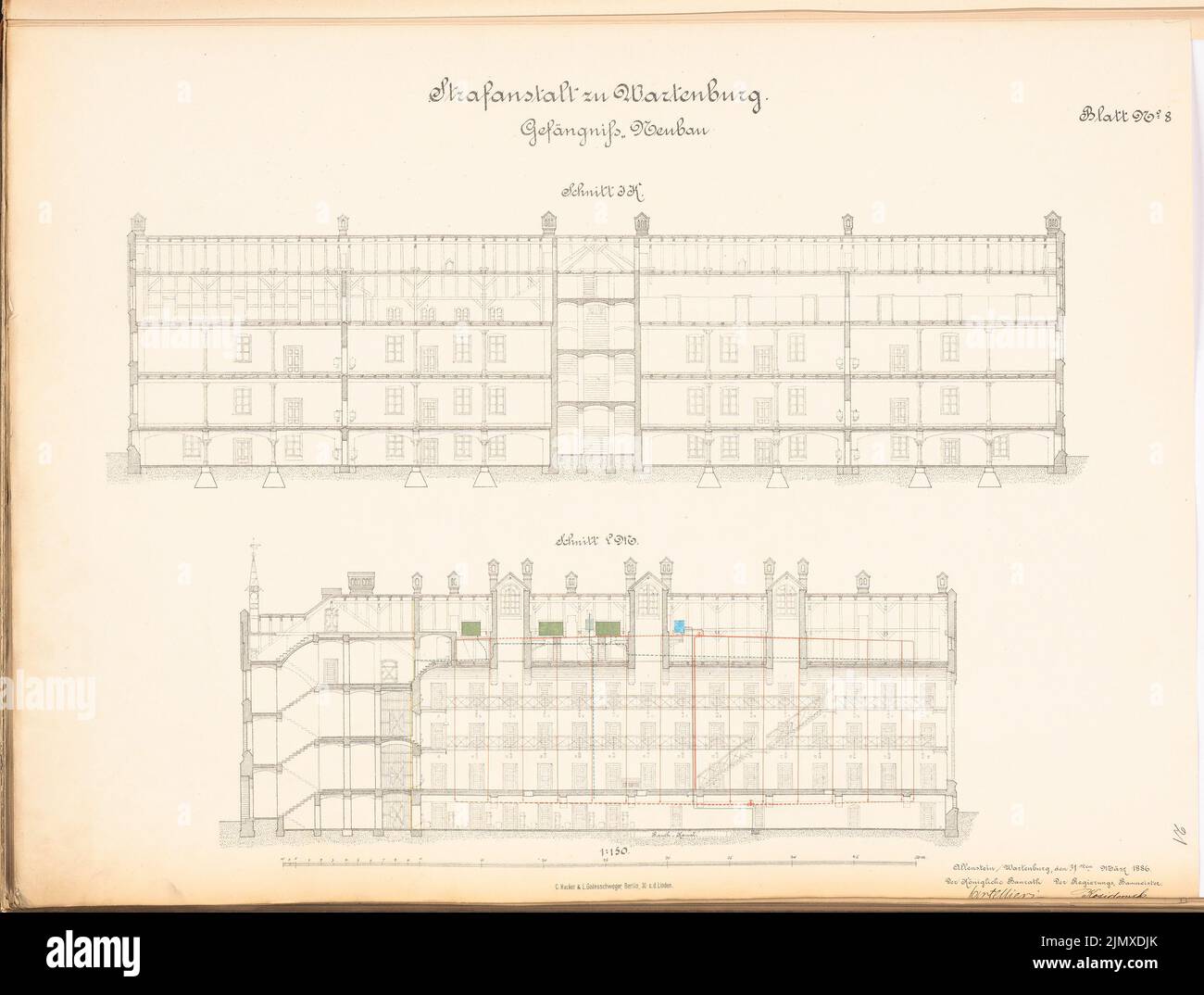 Unknown architect, prison in Wartenburg (approx. 1886/1887): Plan content N.N. detected. Lithograph colored and colored on paper, 49.4 x 65.3 cm (including scan edges) N.N. : Strafanstalt, Wartenburg Stock Photo