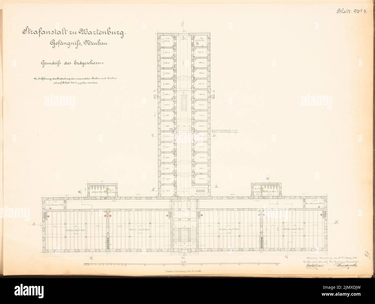 Unknown architect, prison in Wartenburg (approx. 1886/1887): Plan content N.N. detected. Lithograph colored on paper, 49.2 x 66.2 cm (including scan edges) N.N. : Strafanstalt, Wartenburg Stock Photo