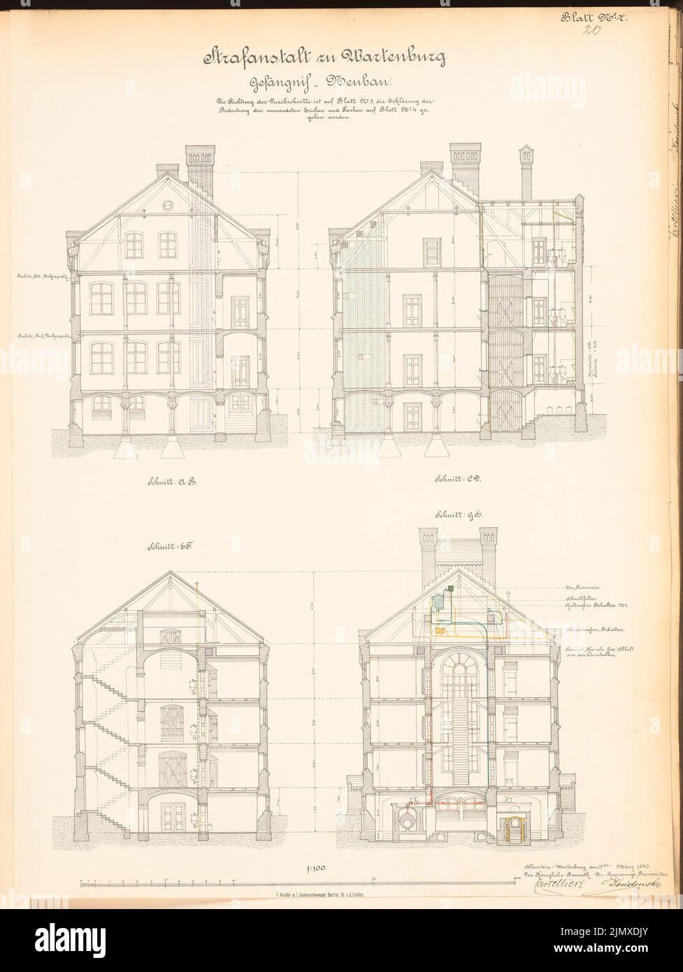 Unknown architect, prison in Wartenburg (approx. 1886/1887): Plan content N.N. detected. Lithograph colored on paper, 65.6 x 49.3 cm (including scan edges) N.N. : Strafanstalt, Wartenburg Stock Photo
