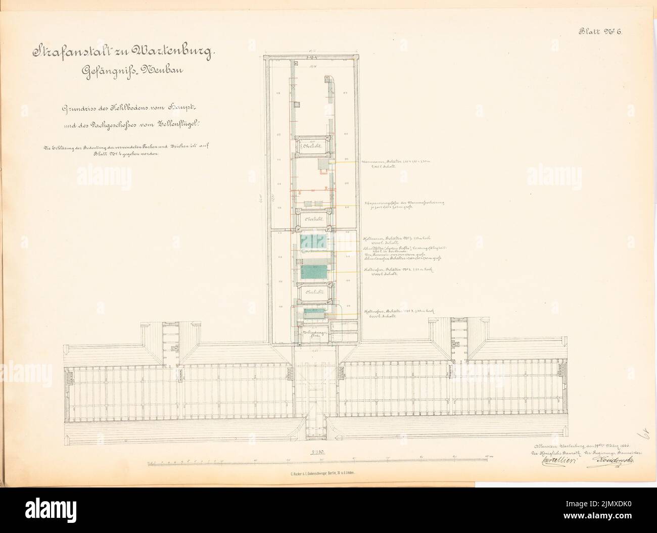 Unknown architect, prison in Wartenburg (approx. 1886/1887): Plan content N.N. detected. Lithograph colored on paper, 48.9 x 65.9 cm (including scan edges) N.N. : Strafanstalt, Wartenburg Stock Photo