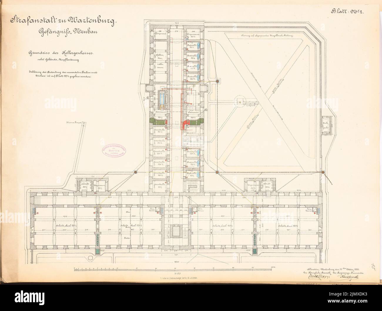 Unknown architect, prison in Wartenburg (approx. 1886/1887): Plan content N.N. detected. Lithograph colored and colored on paper, 49.3 x 66.1 cm (including scan edges) N.N. : Strafanstalt, Wartenburg Stock Photo