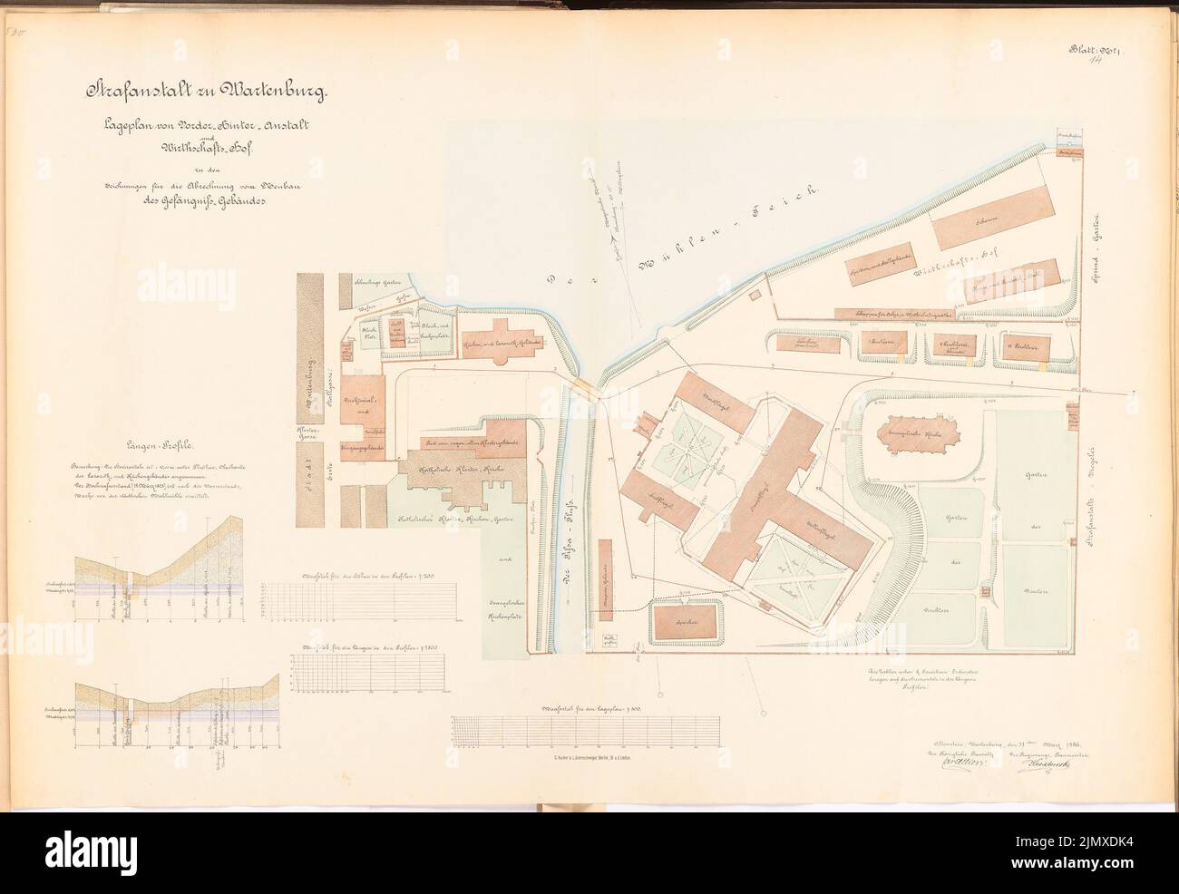 Unknown architect, prison in Wartenburg (approx. 1886/1887): Plan content N.N. detected. Lithography colored on paper, 66.7 x 96.7 cm (including scan edges) N.N. : Strafanstalt, Wartenburg Stock Photo