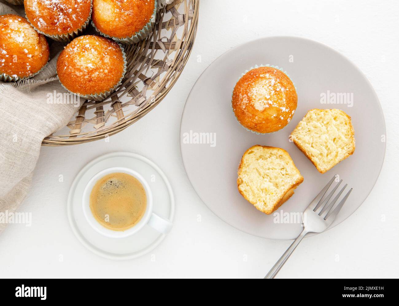 Breakfast with cut muffins coffee Stock Photo