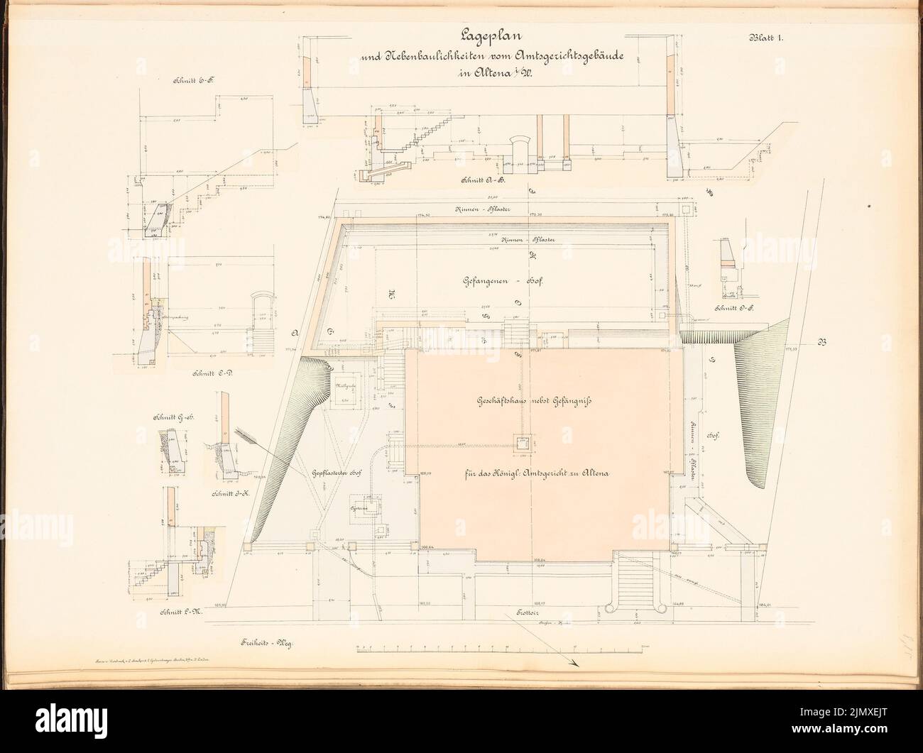 Unknown architect, district court in Altena (approx. 1889): site plan, detailed cuts. Lithograph colored on paper, 51.3 x 68.6 cm (including scan edges) N.N. : Amtsgericht, Altena Stock Photo