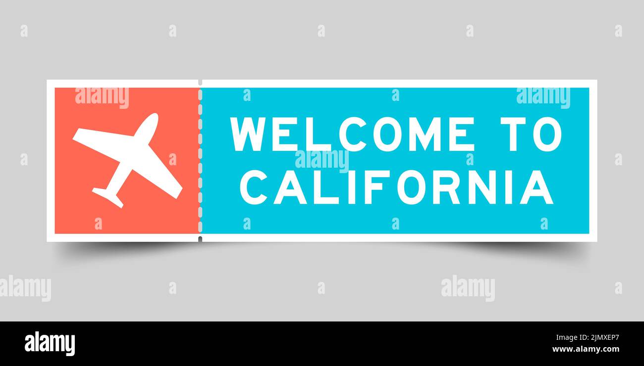 Orange and blue color ticket with plane icon and word to