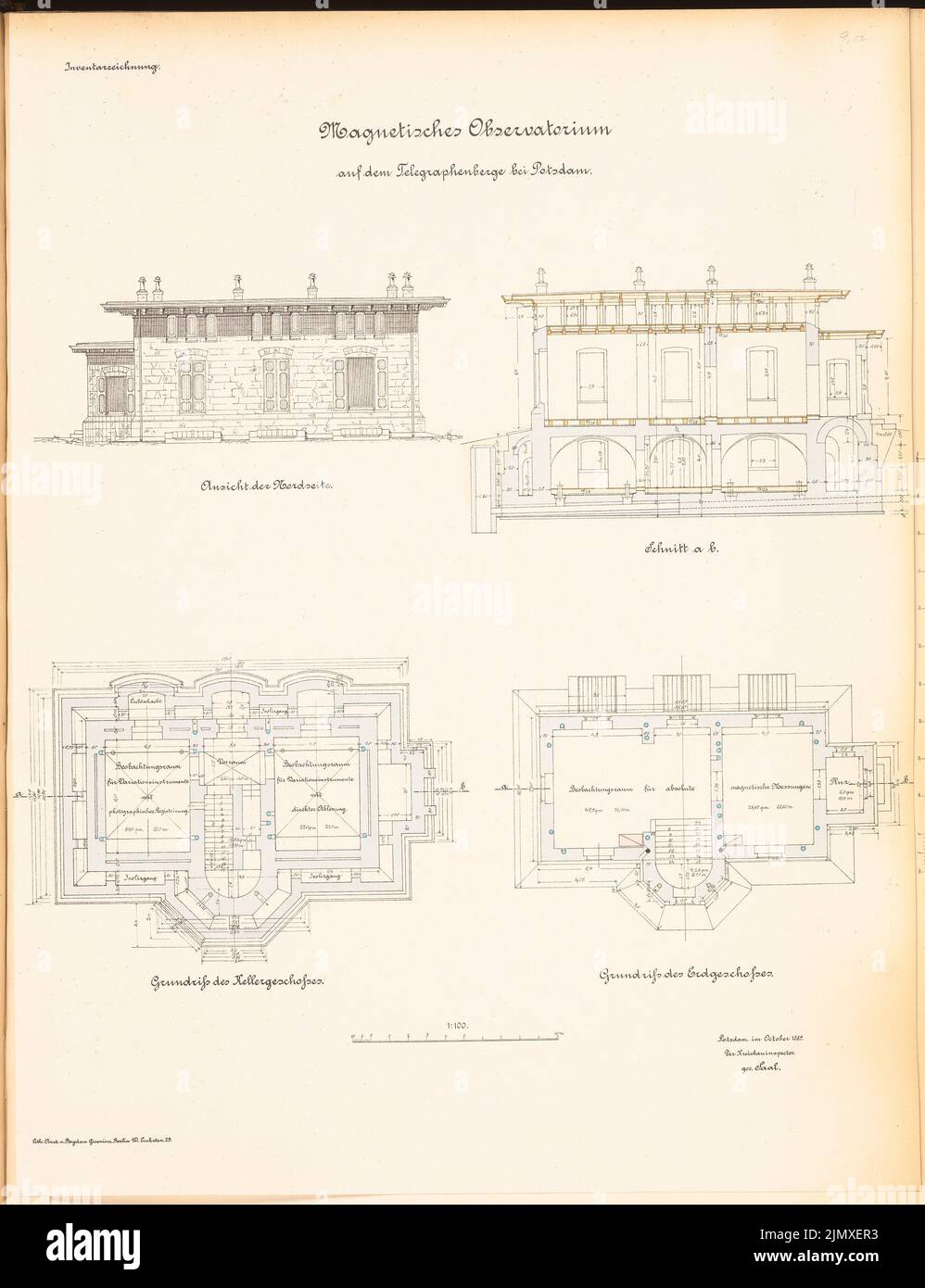Spieker Paul (1826-1896), magnetic observatory at the Telegrafenberg in Potsdam (approx. 1889/1890): View north side, cut, floor plan, EG 1: 100. Lithograph colored on paper, 64 x 49.1 cm (including scan edges) Spieker Paul  (1826-1896): Magnetisches Observatorium auf dem Telegrafenberg, Potsdam Stock Photo