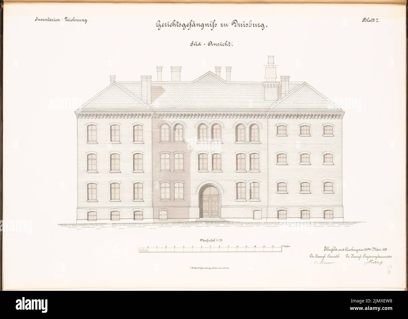Unknown architect, jurisdiction, Duisburg (approx. 1889/1890): south view. Lithograph on paper, 49 x 68.6 cm (including scan edges) N.N. : Gerichtsgefängnis, Duisburg Stock Photo