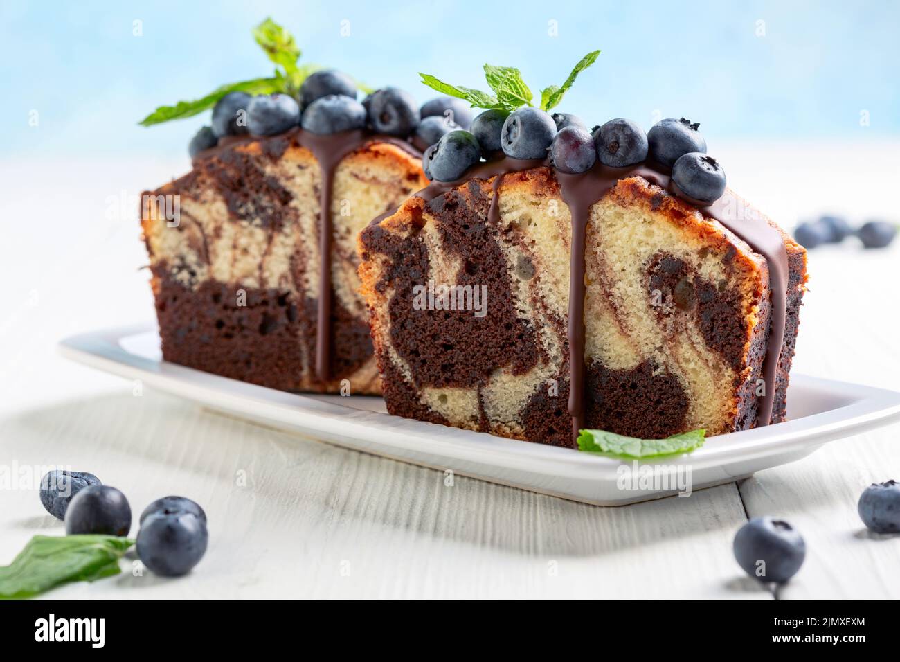 Marble cake with chocolate icing. Stock Photo