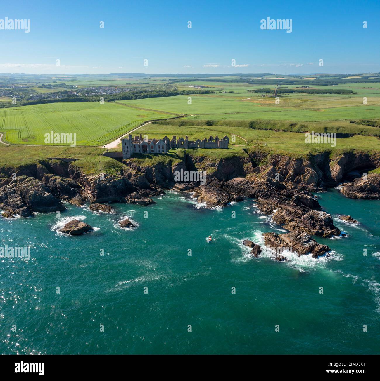 Drone view of Slains Castle and the wild coast of Aberdeenshire Stock