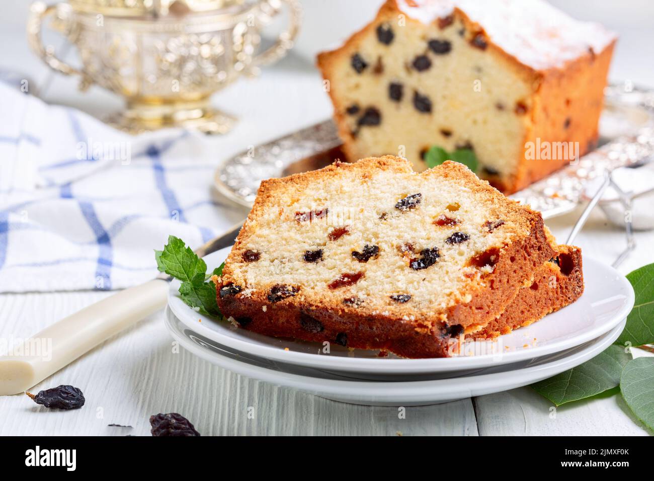 Homemade fruit cake with raisins. Stock Photo