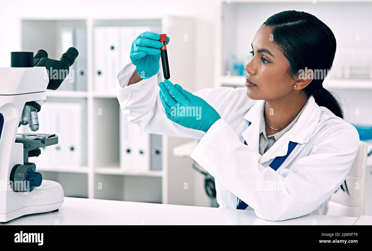 I need to find out whats in this blood. an attractive young female scientist inspecting a test tube filled with a blood sample while working in a Stock Photo