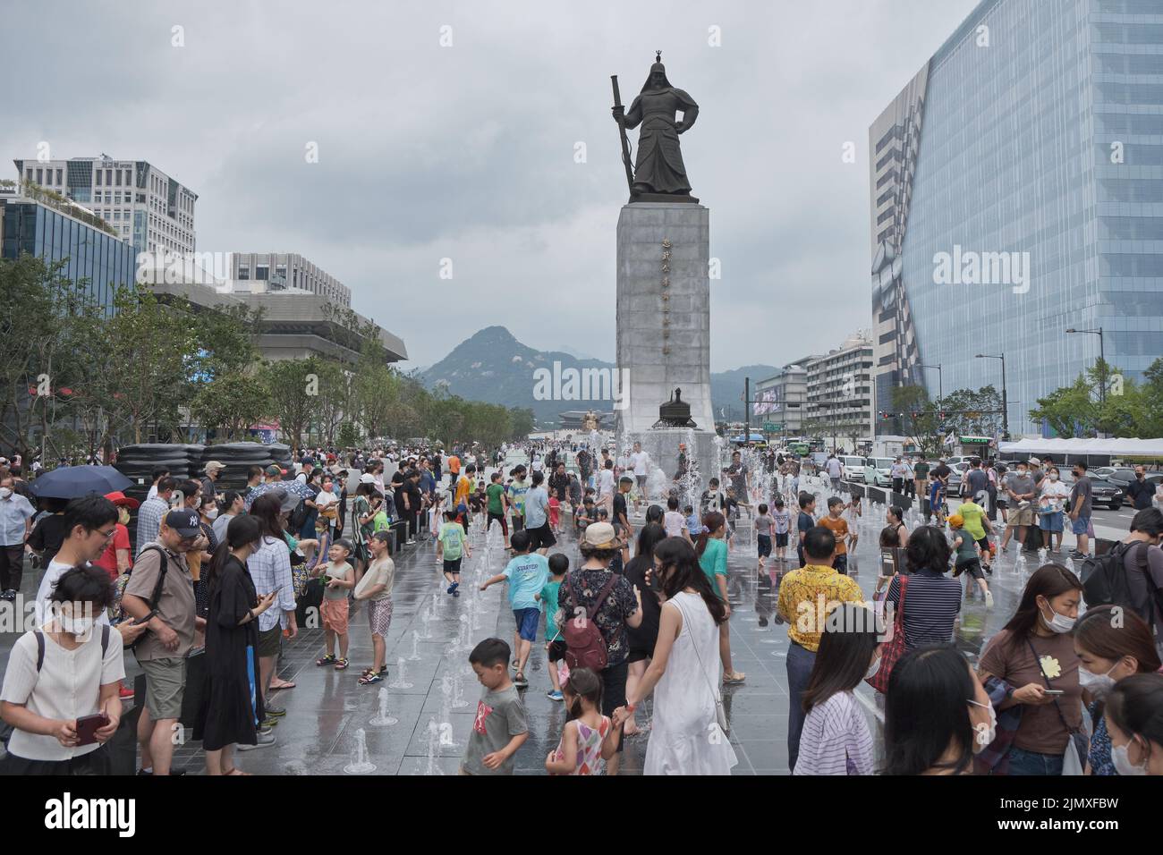 People visit newly reconstructed Gwanghwamun Square in central Seoul, South Korea on 7 August 2022 Stock Photo