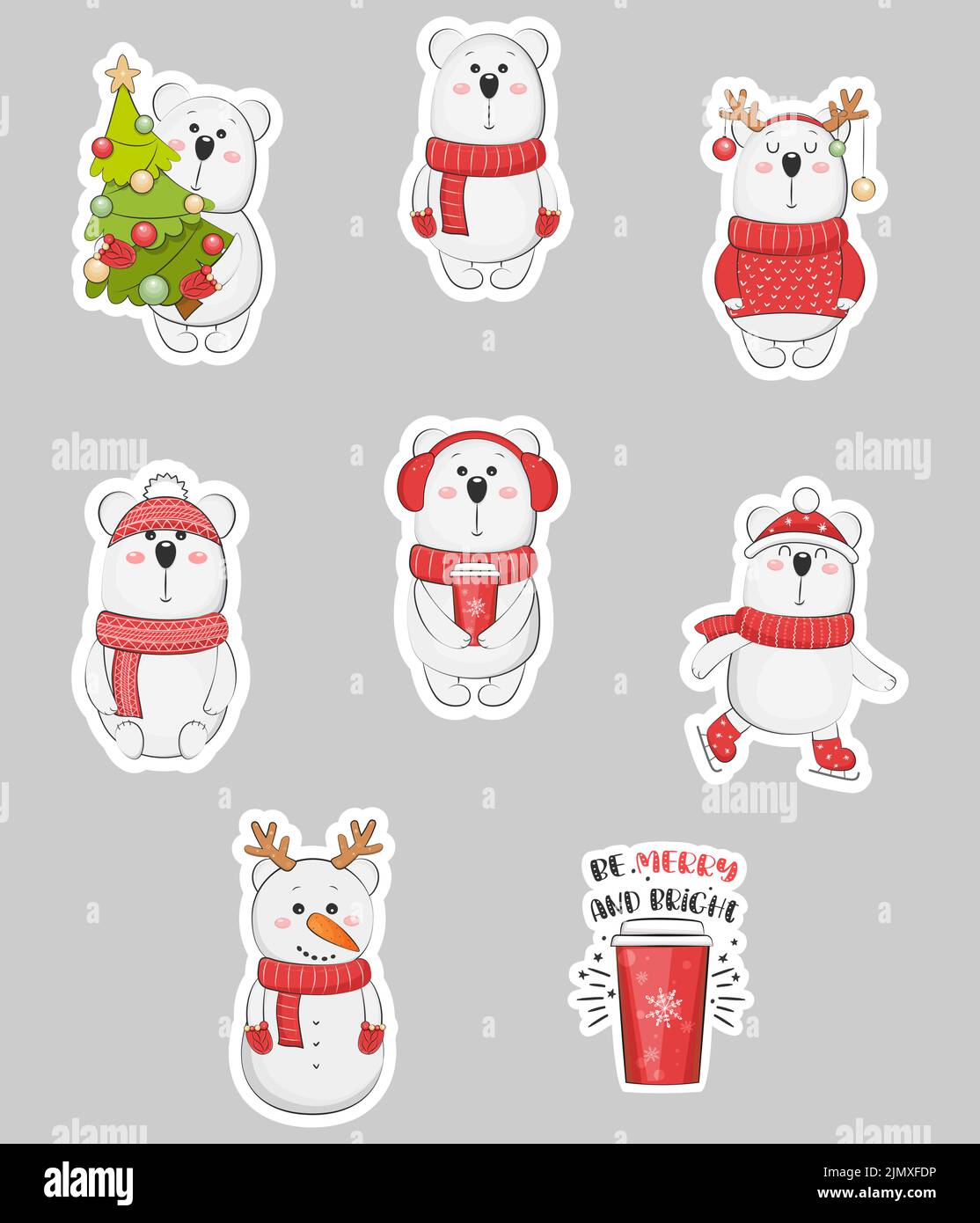 Cute polar bears sticker pack. Christmas holiday. Vector illustration