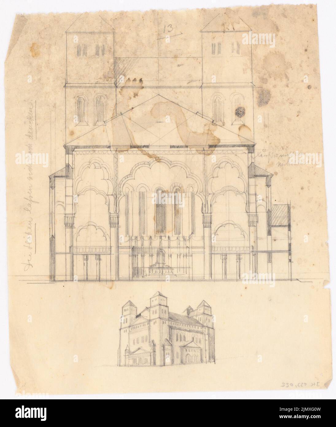 Klomp Johannes Franziskus (1865-1946), church (designs by Heinrich Grabbe for Klomp?) (1922-1922): cross section 1: 200 and perspective view (sheet 13). Pencil on transparent, 30.7 x 25.9 cm (including scan edges) Klomp Johannes Franziskus  (1865-1946): Kirche (Entwürfe von Heinrich Grabbe für Klomp?) Stock Photo
