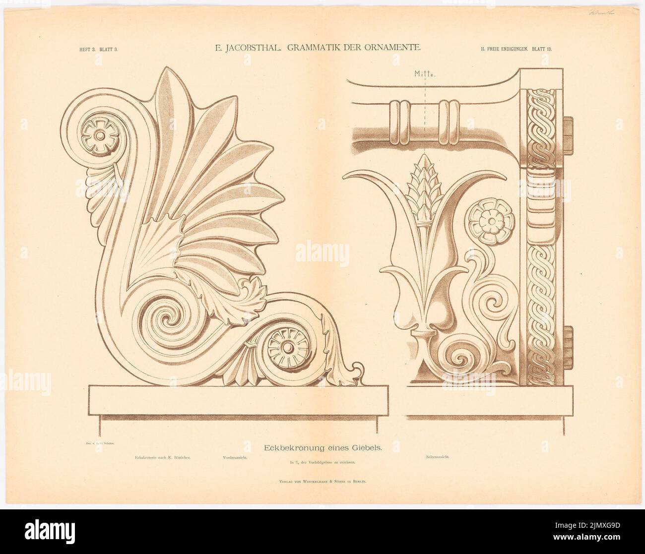 Jacobsthal Johann Eduard (1839-1902), grammar of the ornaments (without dat.): Corver groans of a gable, issue 3. Sheet 3 .. Lithography on paper, 56.3 x 71.2 cm (including scan edges) Jacobsthal Johann Eduard  (1839-1902): Grammatik der Ornamente Stock Photo