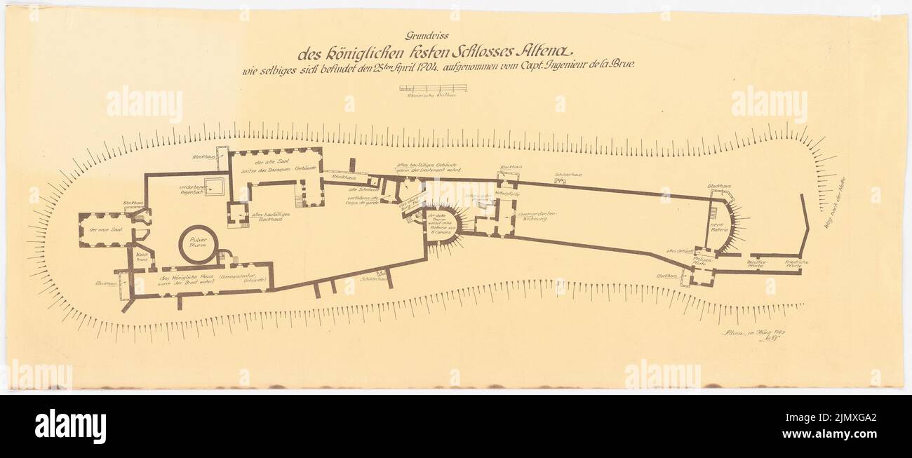 Unknown architect, Altena Castle (25.04.1704): Floor plan of the Royal Castle Altena as is the same April 25, 1704. Recorded by capt. Engineer de la Brue. Light break on paper, 34.2 x 78.9 cm (including scan edges) N.N. : Burg Altena Stock Photo