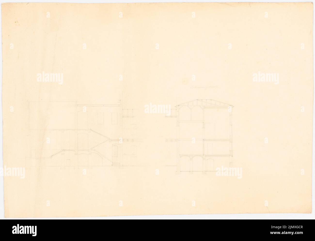 Unknown architect, barracks (?) (approx. 1900): farm building. Longitudinal and cross-section, probably 1: 100. Pencil on cardboard, 55.1 x 79 cm (including scan edges) N.N. : Kaserne (?) Stock Photo