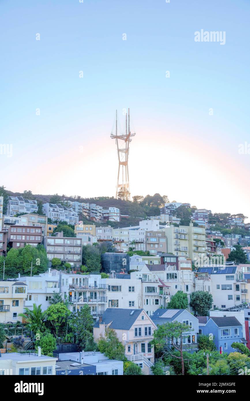 Strow Tower Sutro Tower on top of a sloped residential area in San Francisco ...