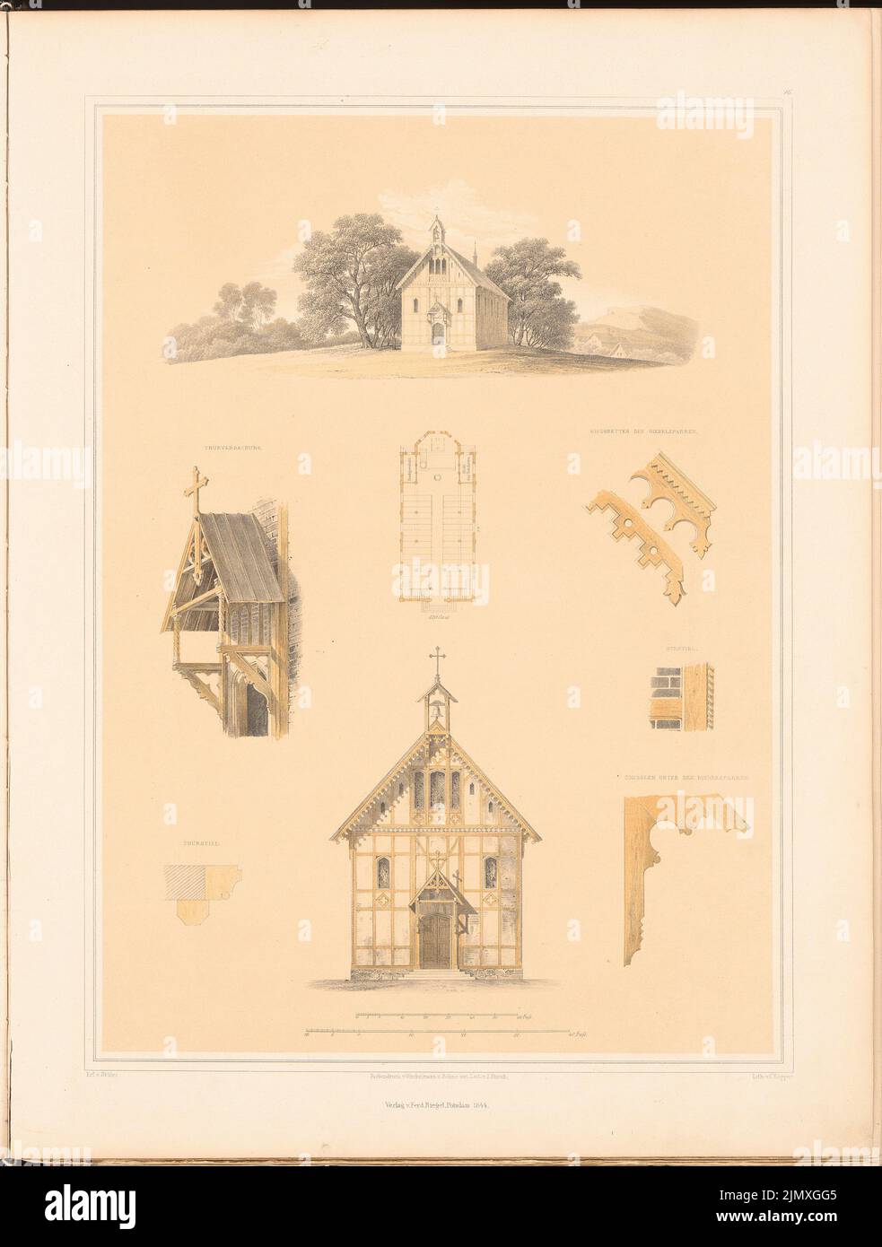 Stüler August (1800-1865), country church in wooden building for 320 people. (From: designs on churches, parish and school houses, ed. From the royal Prussian superstructure deputation, 1845-1855) (1845-1845): Perspective view, floor plan, view from the front, five details. Lithograph colored on paper, 57 x 43.1 cm (including scan edges) Stüler Friedrich August  (1800-1865): Landkirche in Holzbau für 320 Personen. (Aus: Entwürfe zu Kirchen, Pfarr- und Schulhäusern, hrsg. von der Kgl. Preuß. Oberbaudeputation, 1845-1855) Stock Photo