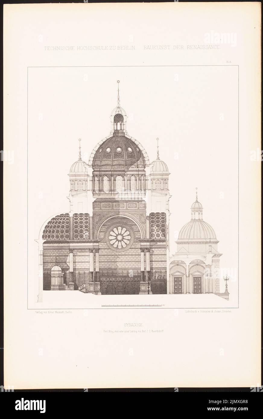 Bing Karl, synagogue. (From: J.C. Raschdorff, architecture of the Renaissance, 1880.) (1880-1880): cross-section. Light pressure on paper, 48.8 x 32.8 cm (including scan edges) Bing Karl : Synagoge. (Aus: J.C. Raschdorff, Baukunst der Renaissance, 1880) Stock Photo