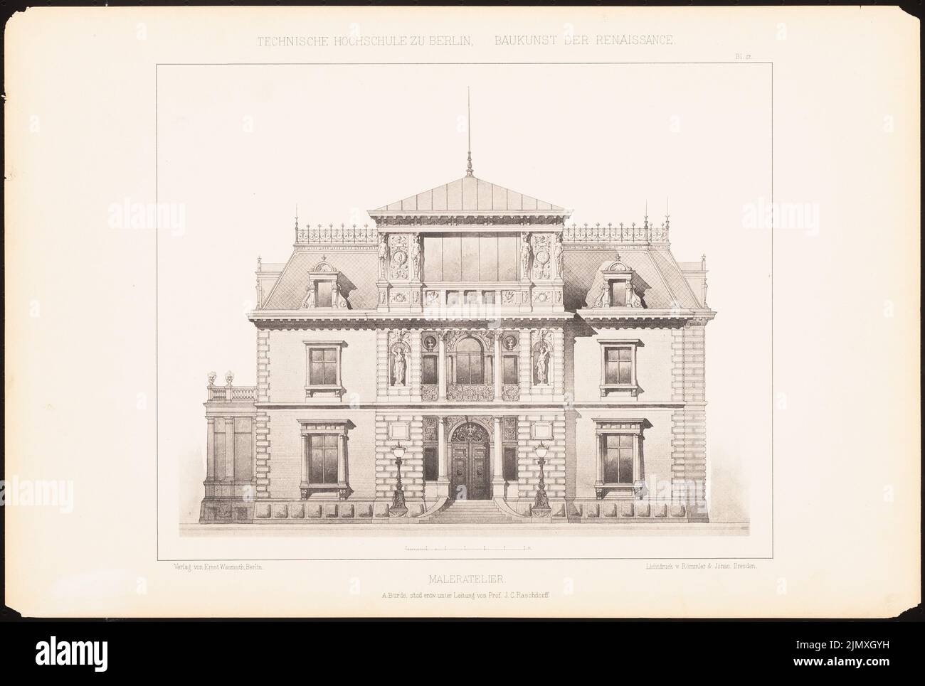 Bürde Alfred, painter studio. (From: J.C. Raschdorff, architecture of the Renaissance, 1881.) (1881-1881): View from the front. Light pressure on paper, 32.8 x 48.8 cm (including scan edges) Stock Photo