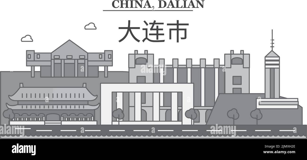 China, Dalian city skyline isolated vector illustration, icons Stock Vector