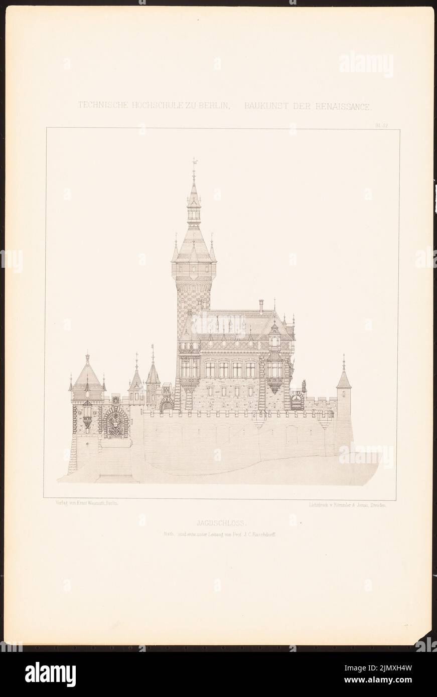Nath, hunting lodge. (From: J.C. Raschdorff, architecture of the Renaissance, 1881.) (1881-1881): View from the front. Light pressure on paper, 49.1 x 32.9 cm (including scan edges) Stock Photo